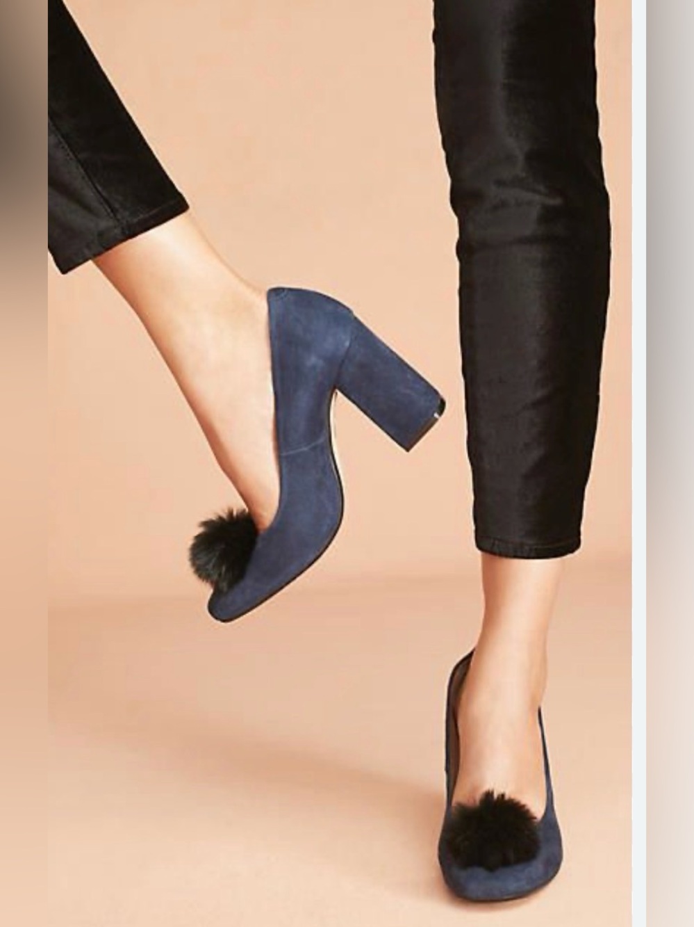 Anthropologie suede navy blue block heel pumps w/ faux fur pompons. Vintage. 6.5 - Picture 2 of 15